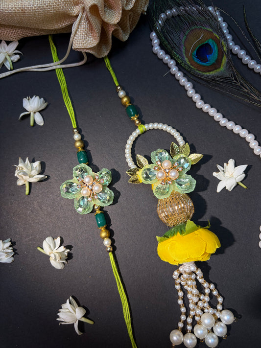 Mint Crystal Handcrafted Bhaiya Bhabhi Rakhi Set