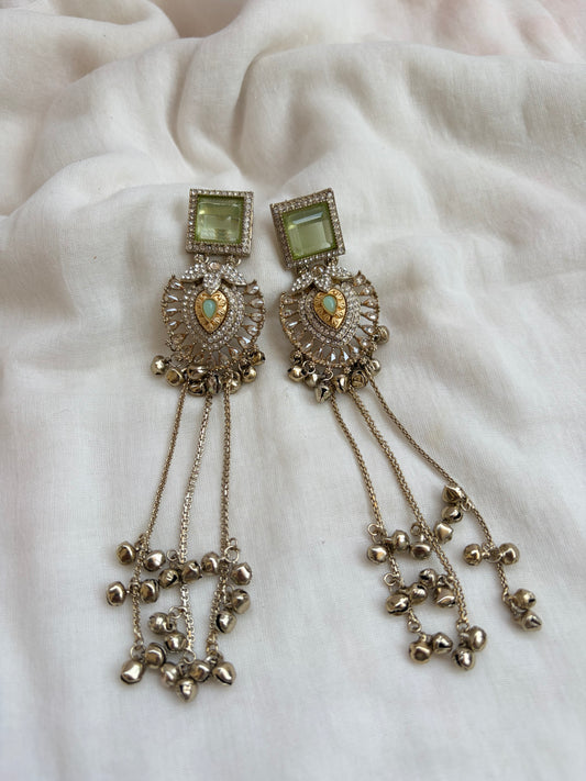 Green Kashmiri Long Earrings With Diamond Look