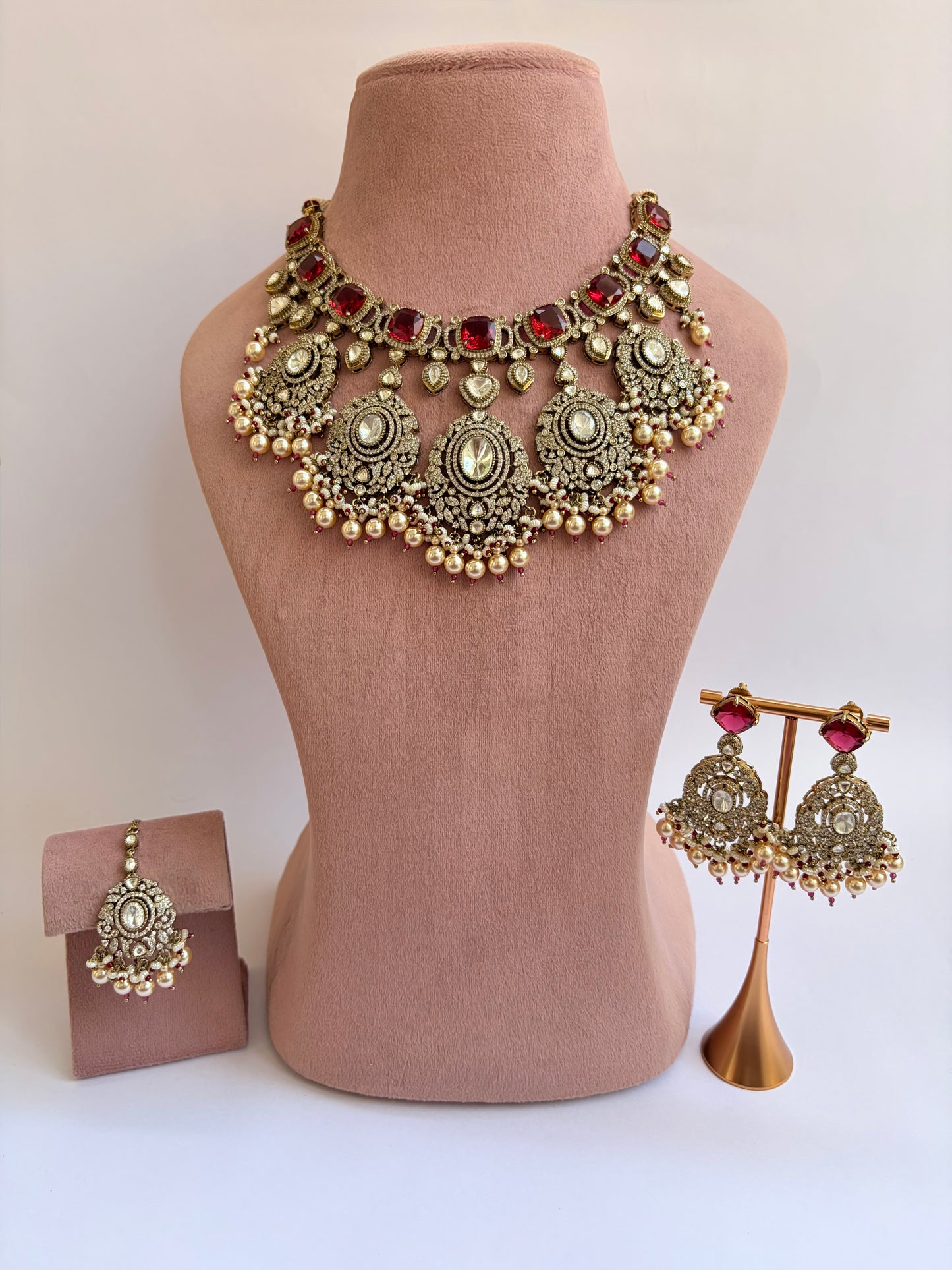 Premium Finish Ruby Moissanite Kundan Bridal Necklace