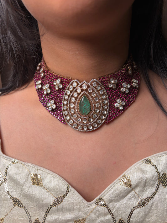 Maroon Moissanite Bridal Choker Necklace Set