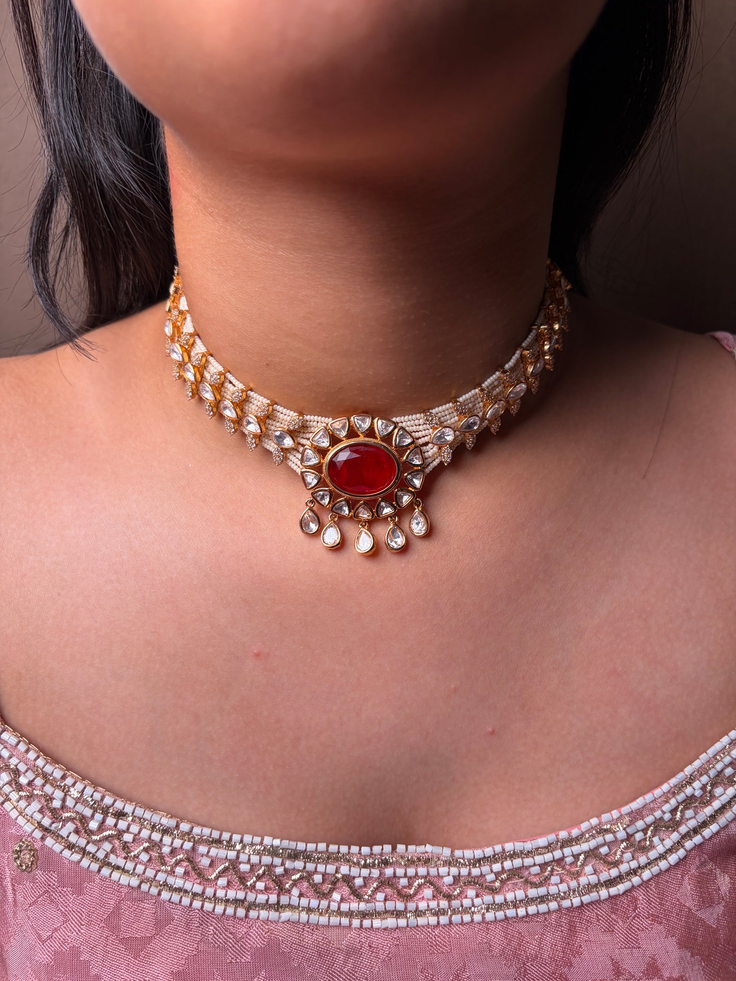 Ruby & Pearl Moissanite Cocktail Necklace