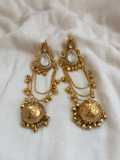 Long Kashmiri Layered Kundan Jhumka Earrings
