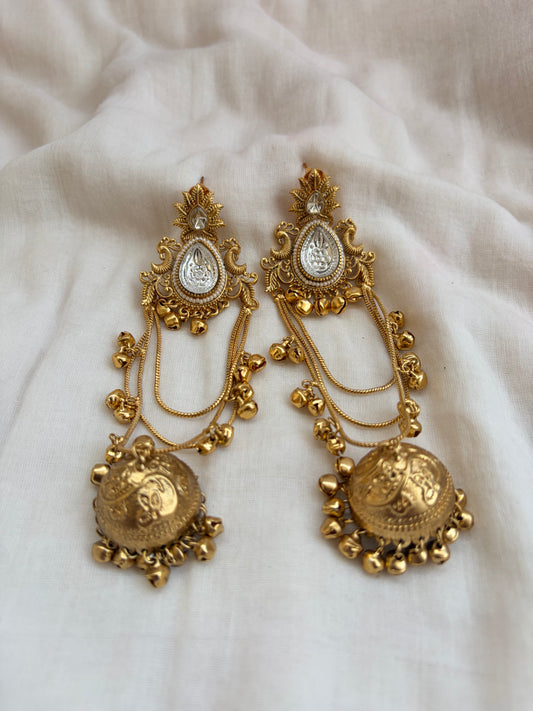 Long Kashmiri Layered Kundan Jhumka Earrings
