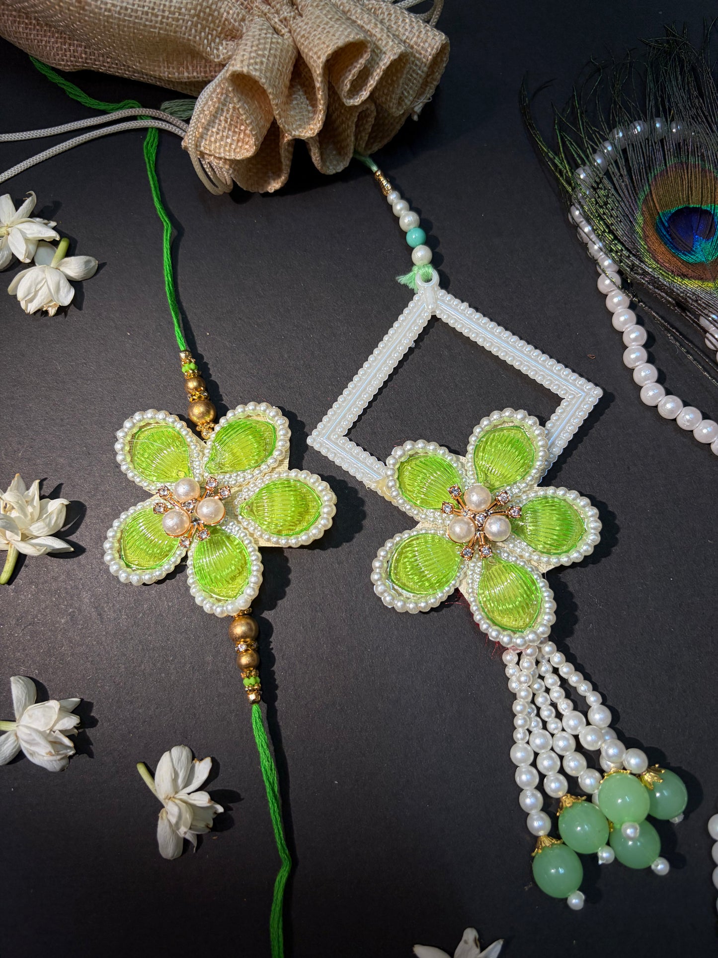Green Pearl Floral Bhaiya Bhabhi Rakhi Set
