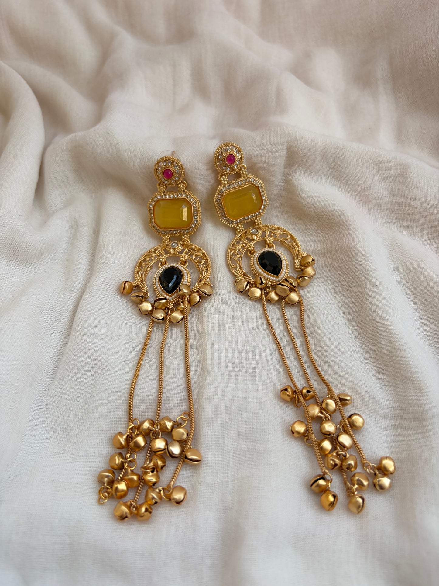 Long Kashmiri Pastel Yellow Kundan Earrings