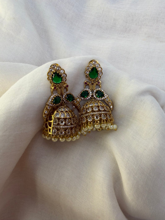 Morden Diamond Emerald Pearl Jhumka Earrings