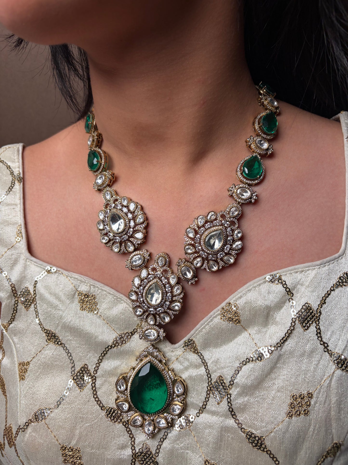 Emerald Drop Moissanite Pendant Necklace Set