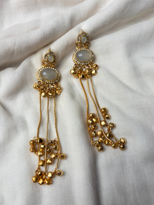 White Stone Long Kashmiri Earrings