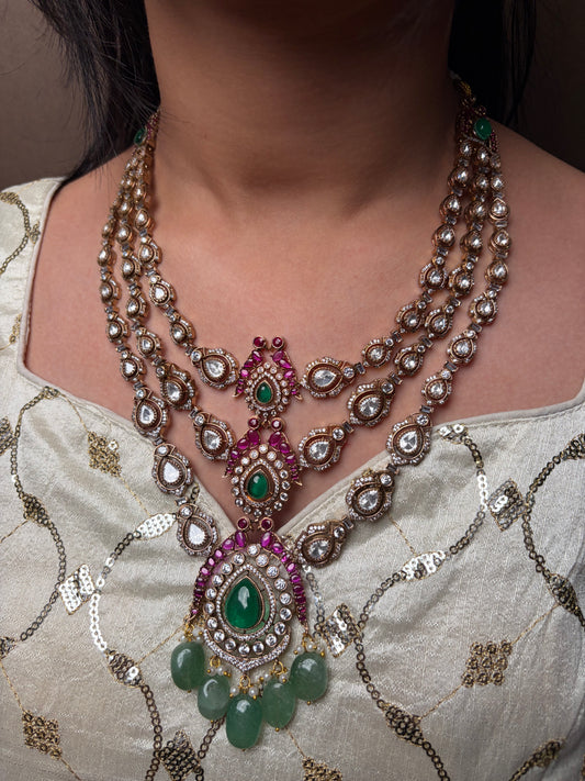Pink Green Moissanite Long Bridal Necklace