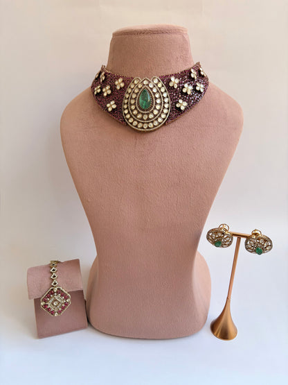 Maroon Moissanite Bridal Choker Necklace Set