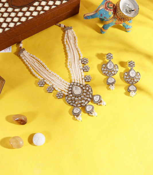 Layered Pearl Mid Length Kundan Necklace