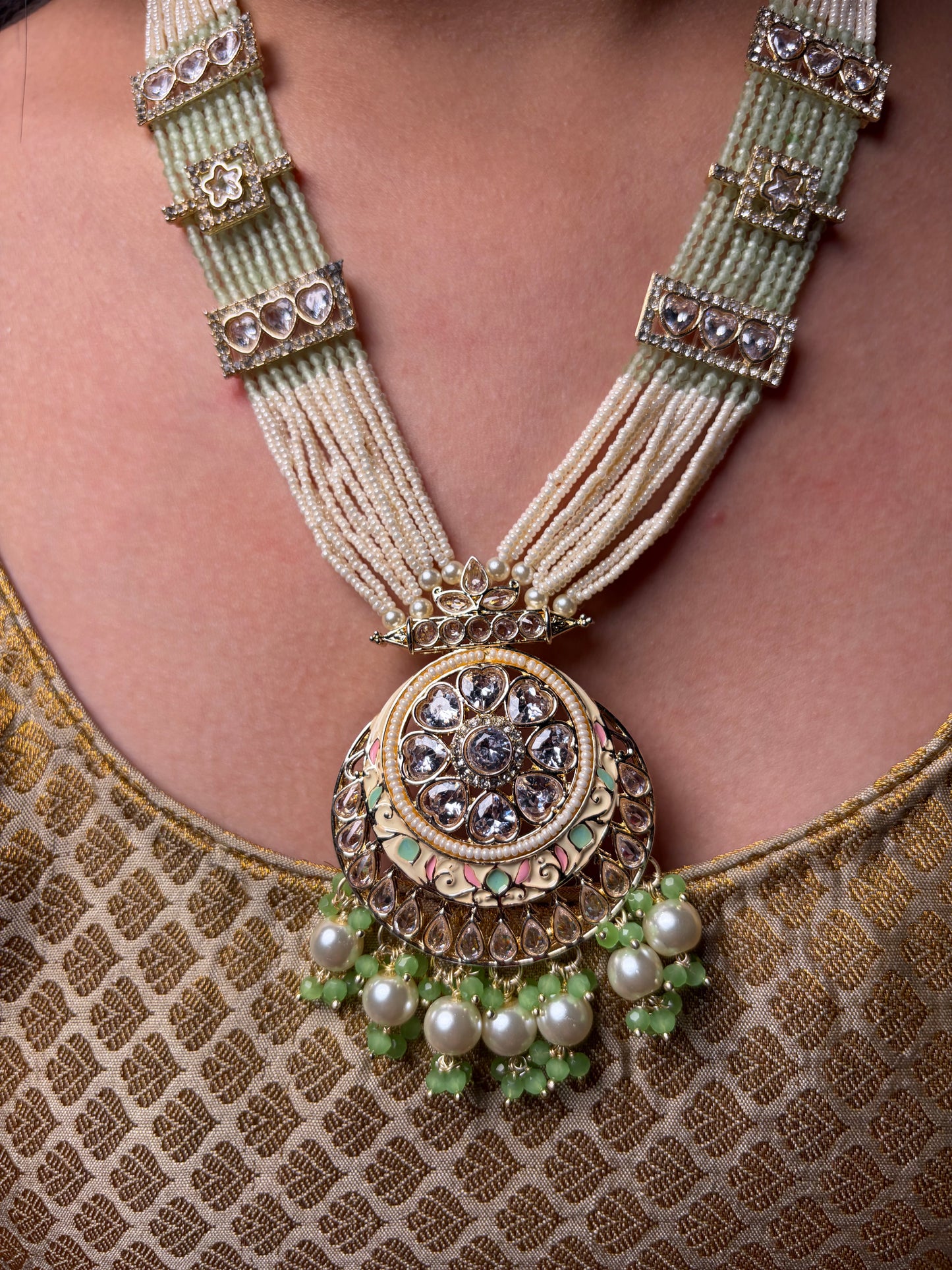 Regal Green Pearl Polki Pendant Set