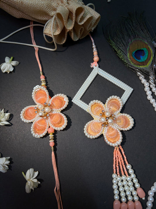 Peach Pearl Floral Bhaiya Bhabhi Rakhi Set