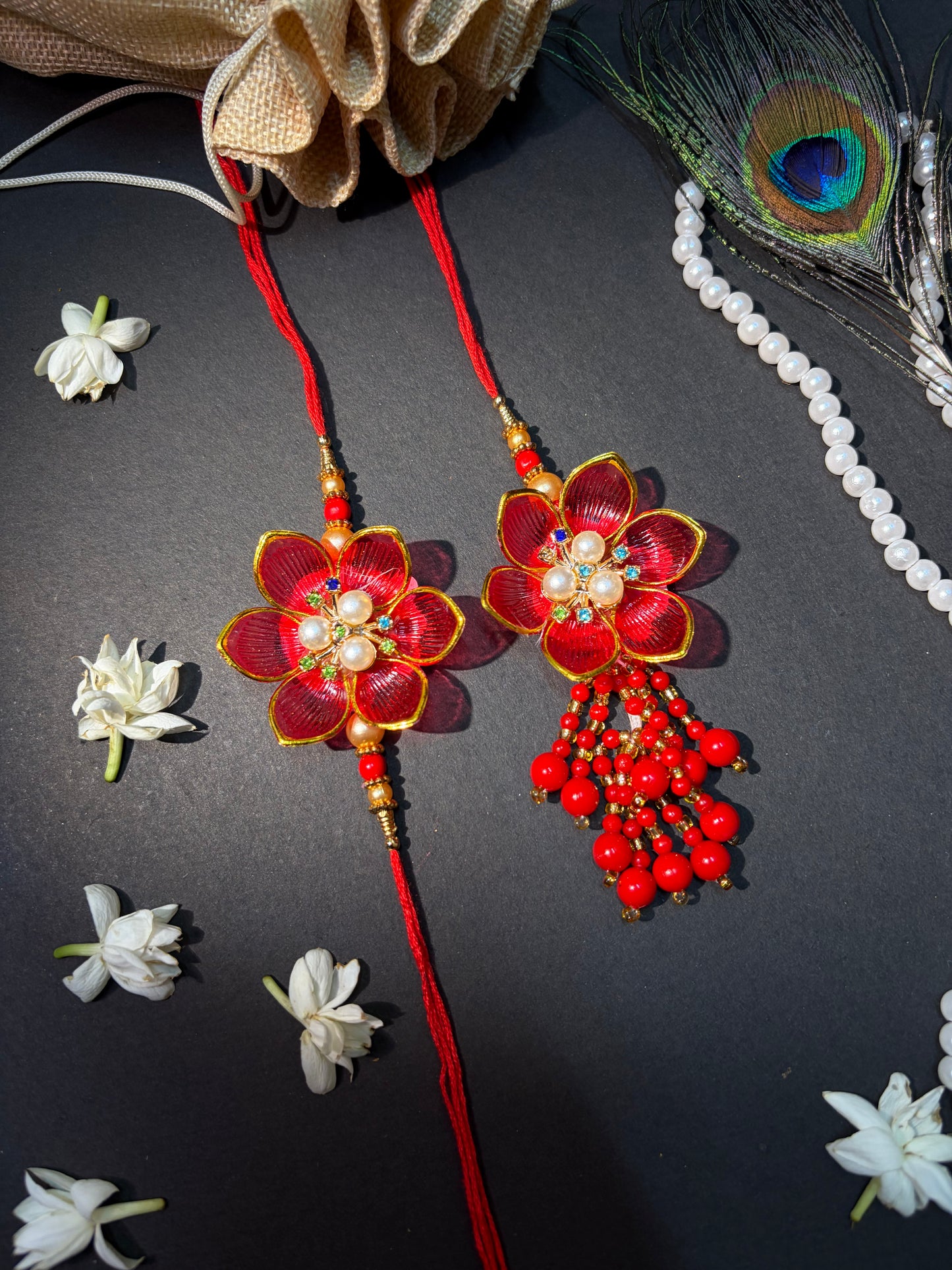 Red Floral Bhaiya Bhabhi Rakhi Set