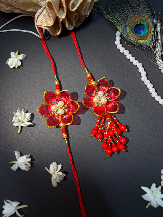 Red Floral Bhaiya Bhabhi Rakhi Set
