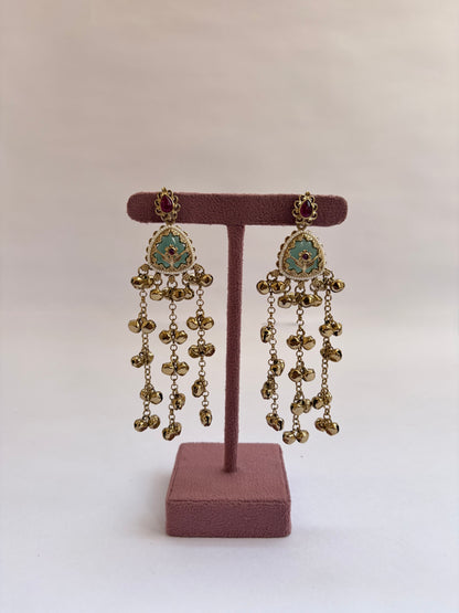 Heritage Long Kashmiri Kundan Green Stone Earrings