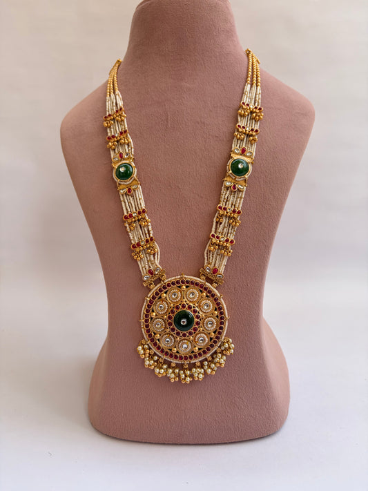 Pearl Work Long Necklace Circular Dial