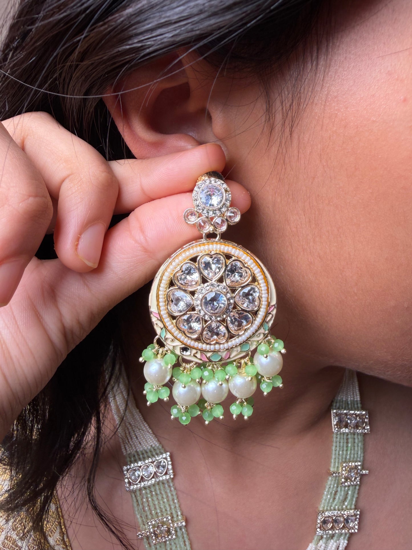 Regal Green Pearl Polki Pendant Set