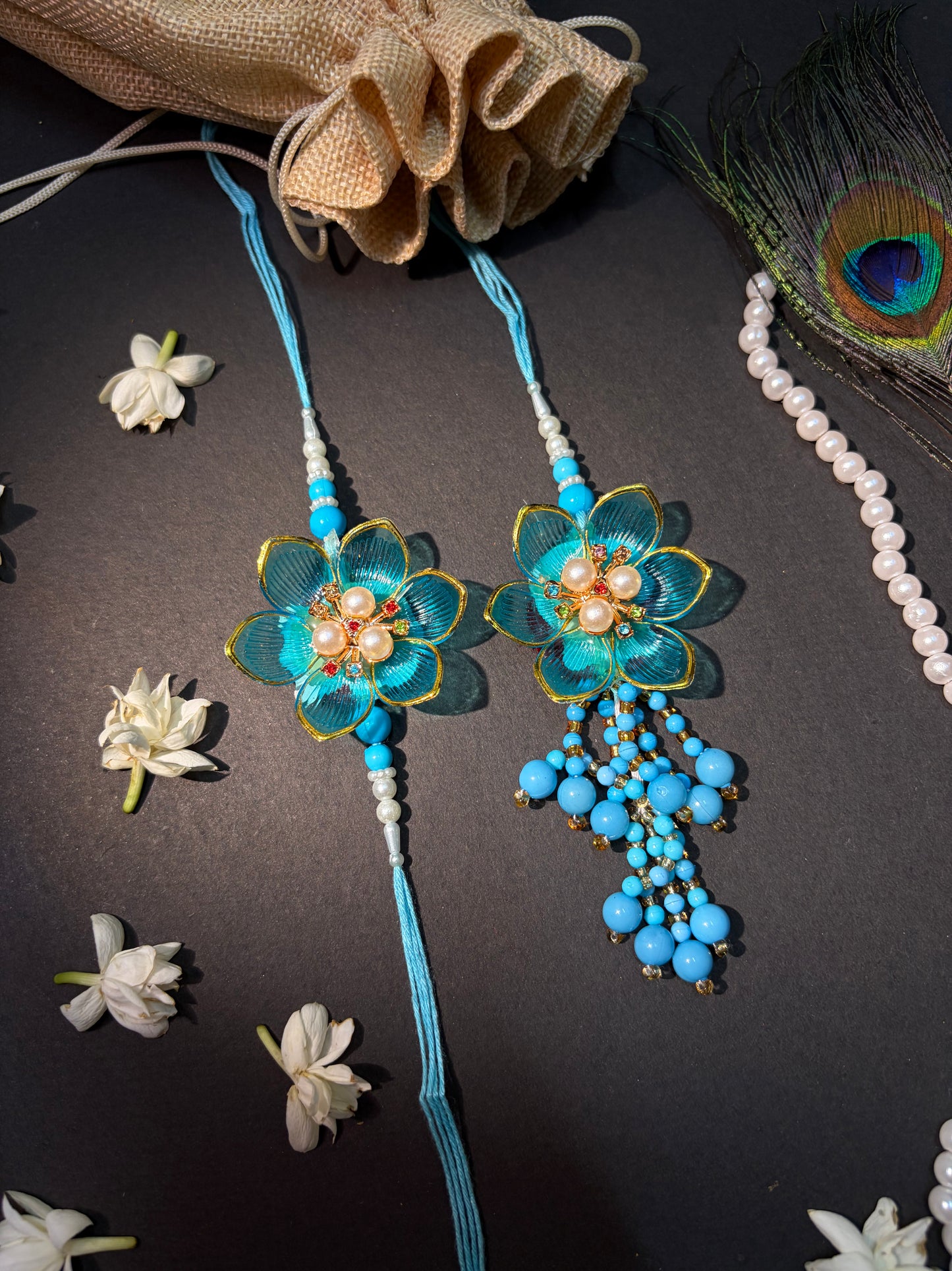 Blue Floral Bhaiya Bhabhi Rakhi Set