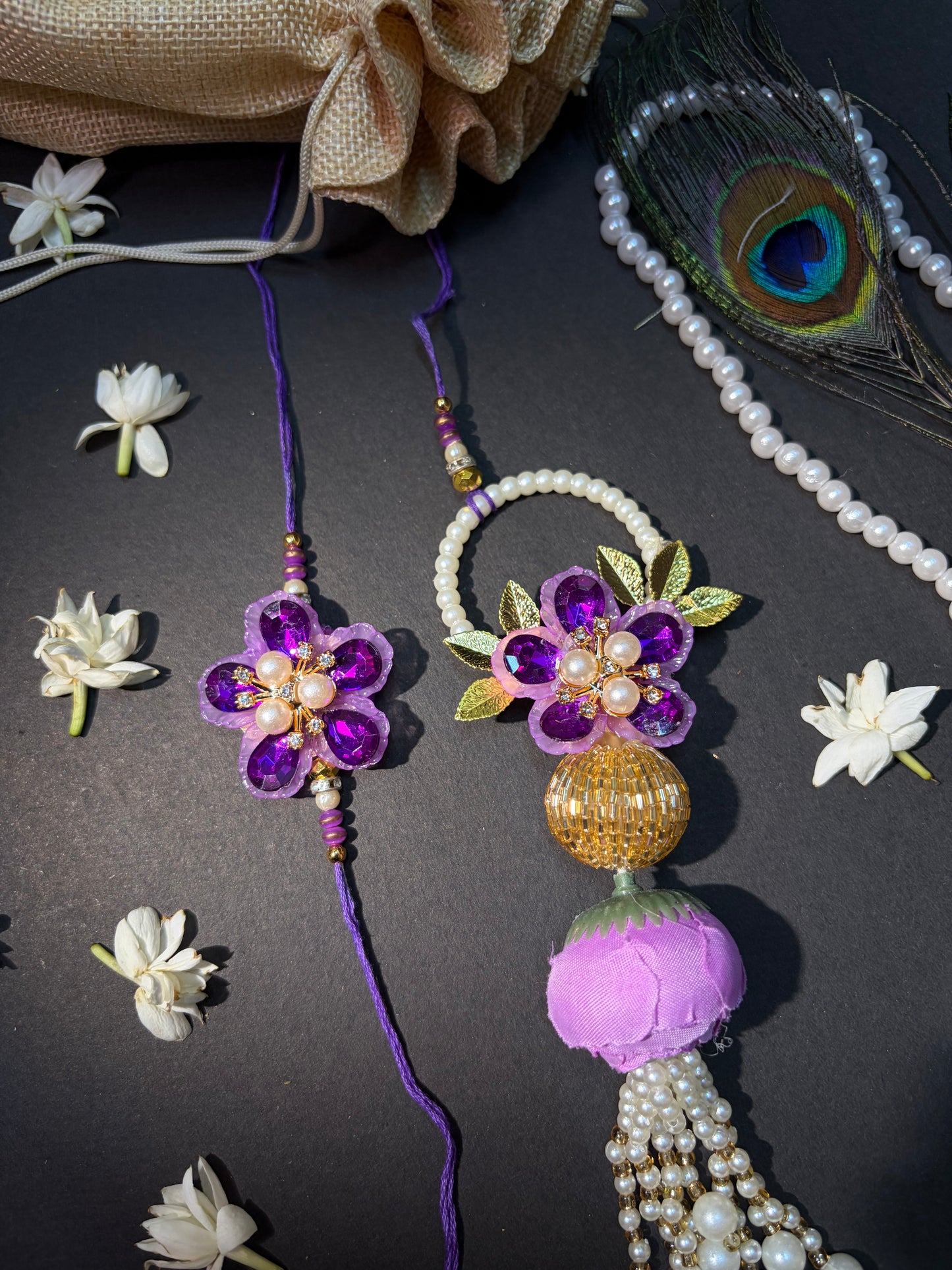 Lavender Crystal Handcrafted Bhaiya Bhabhi Rakhi Set