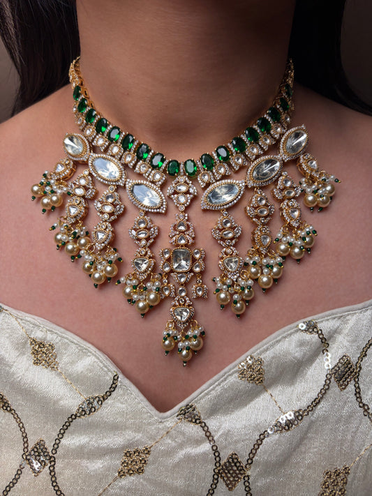 Green Moissanite Kundan Bridal Necklace Set