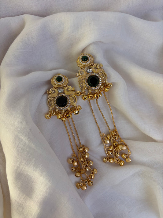 Long Ghungroo Brass Peacock Detailed Earrings