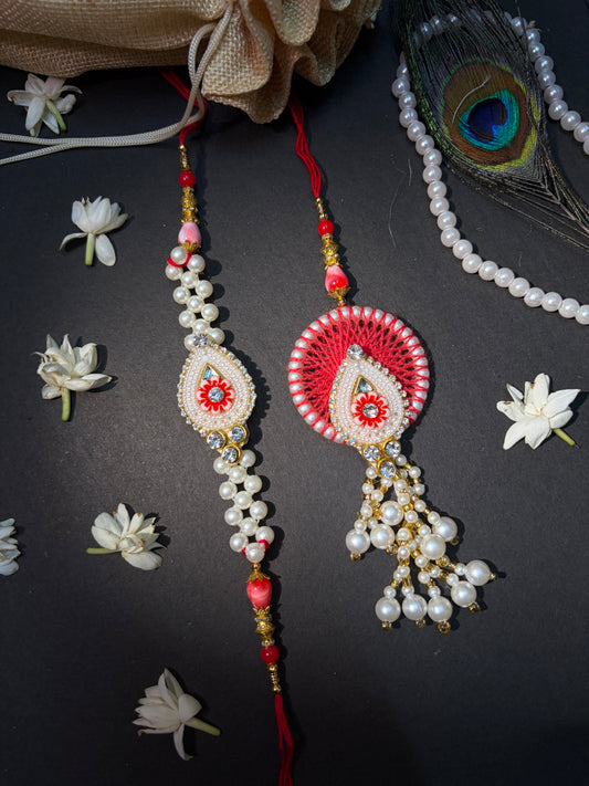 Red Pearl Handmade Bhaiya Bhabhi Rakhi Set