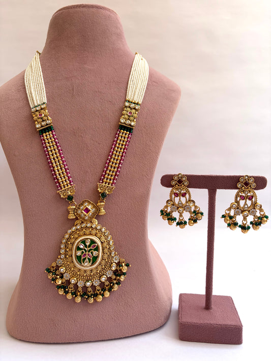 Matte Gold Long Necklace Pearl Work