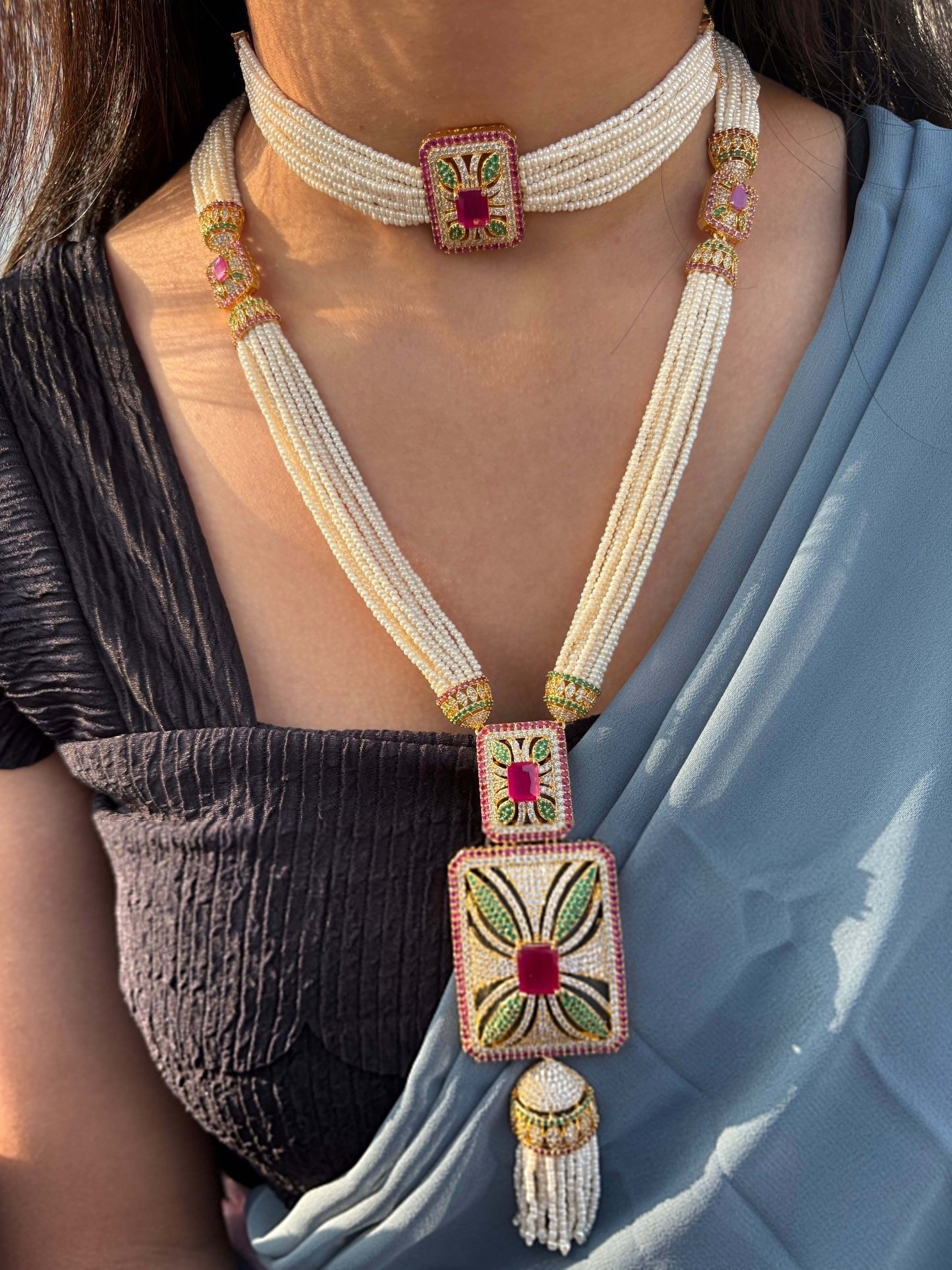 Pearl Thread Choker and Rani Haar