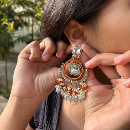 Orange Beads Kundan Jhumkas