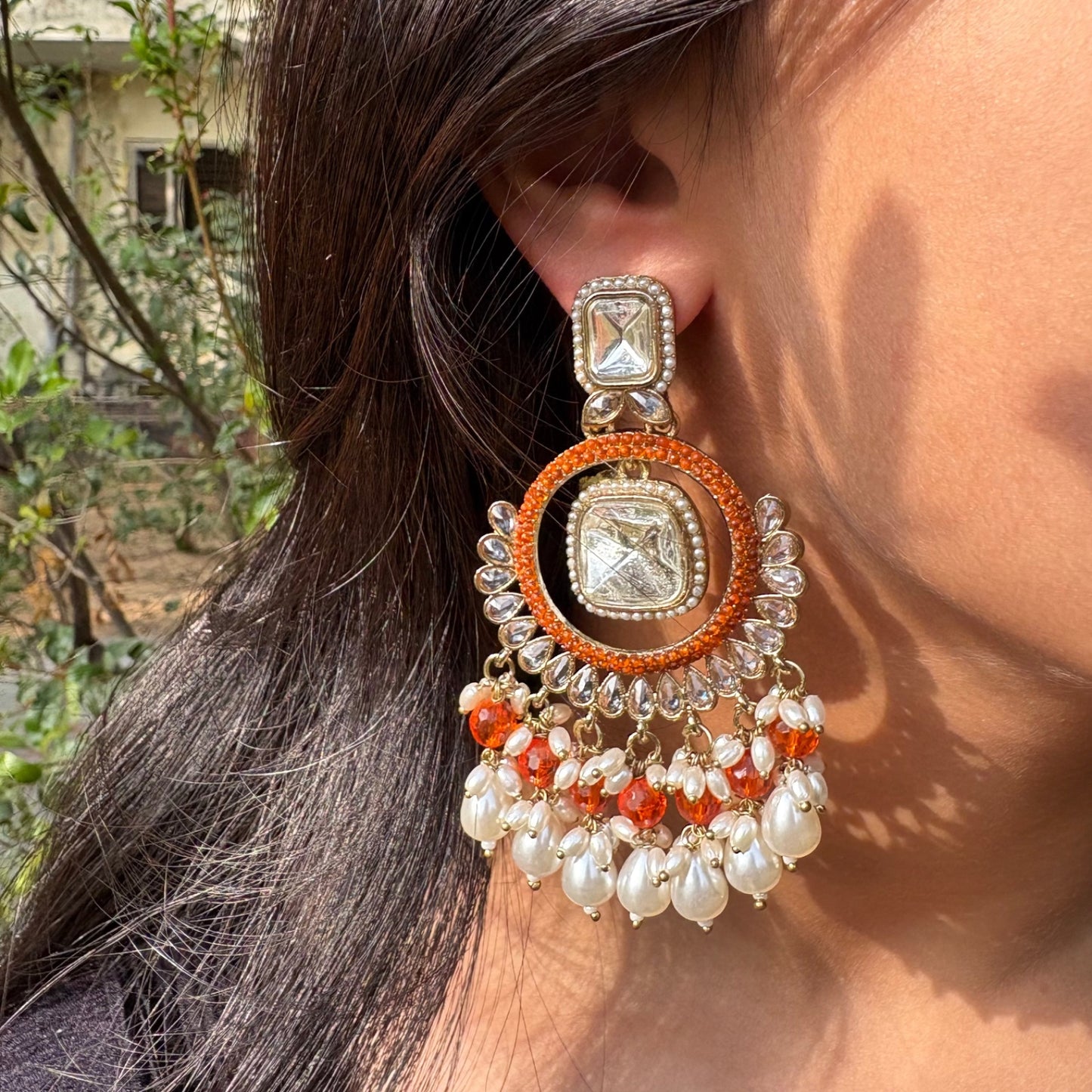 Orange Beads Kundan Jhumkas