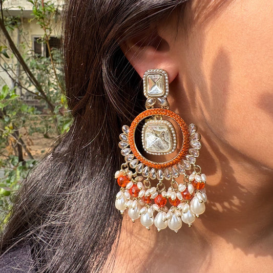 Orange Beads Kundan Jhumkas