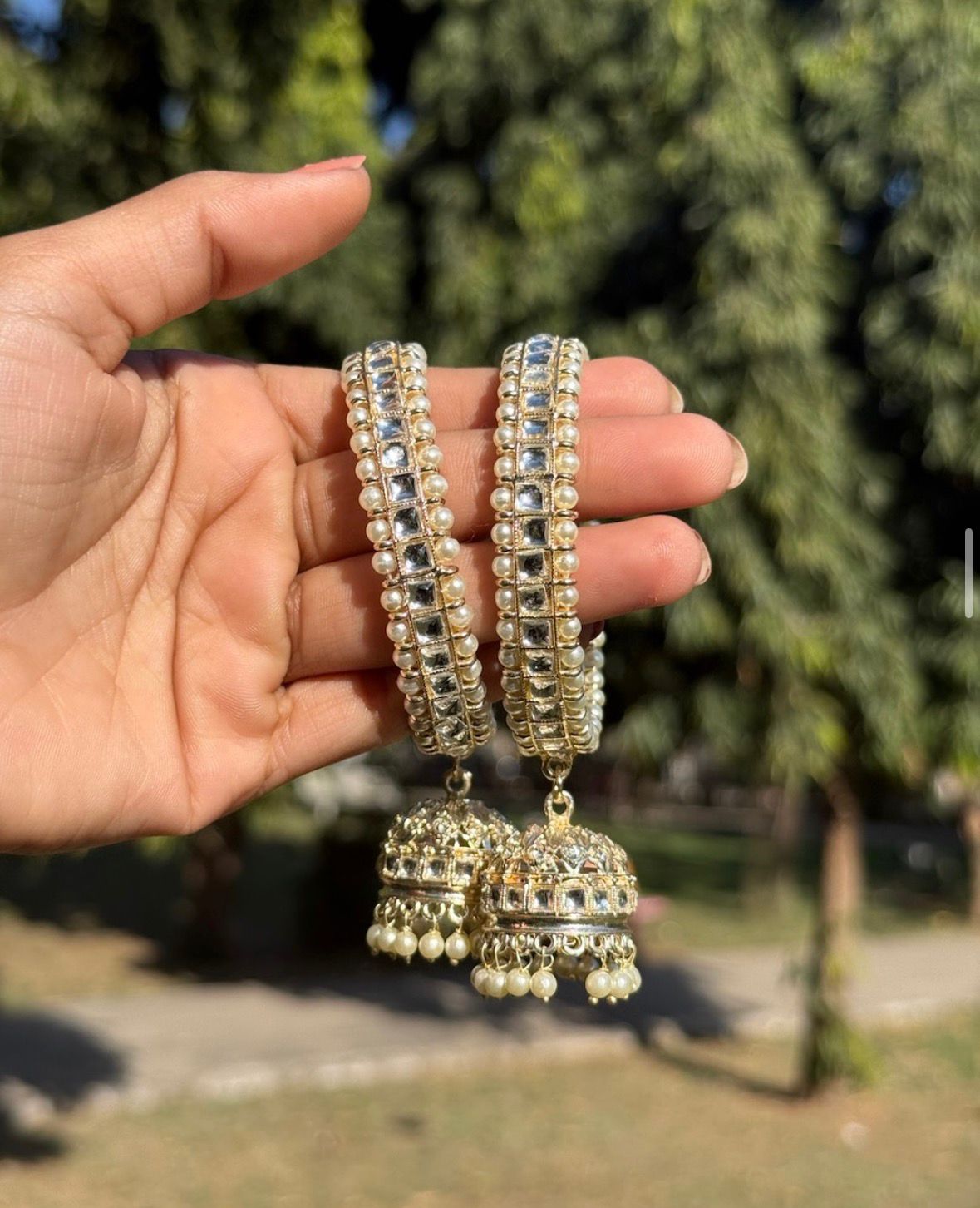 Pearl Kundan Kada Bangles with jhumki